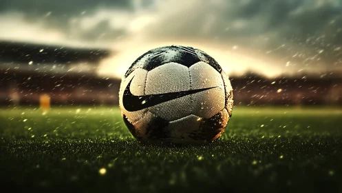 Rain soaked soccer ball gleams under dramatic stadium lights