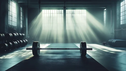 Barbell on gym floor under strong window light beams.