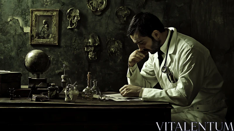 Cinematic study of pensive doctor in moody laboratory interior.