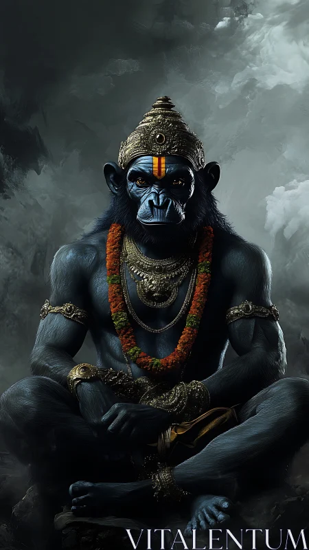 Mythic simian deity rendered in high-contrast digital chiaroscuro.