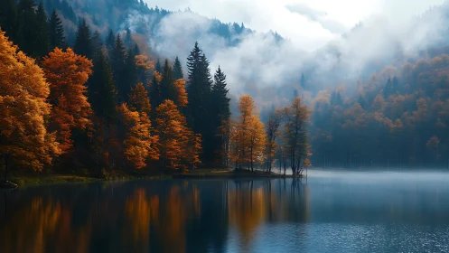 Mist drifts over an autumn forest mirrored in a still lake