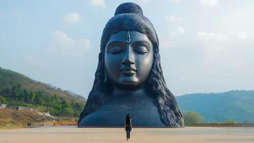 Monumental serene statue dominates open mountain plaza.