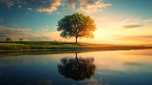 Solitary riverside tree rendered in high-dynamic sunset light