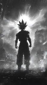 Spiky haired warrior stands against explosive storm sky.