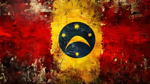 Abstract grunge flag with central blue emblem and stars.