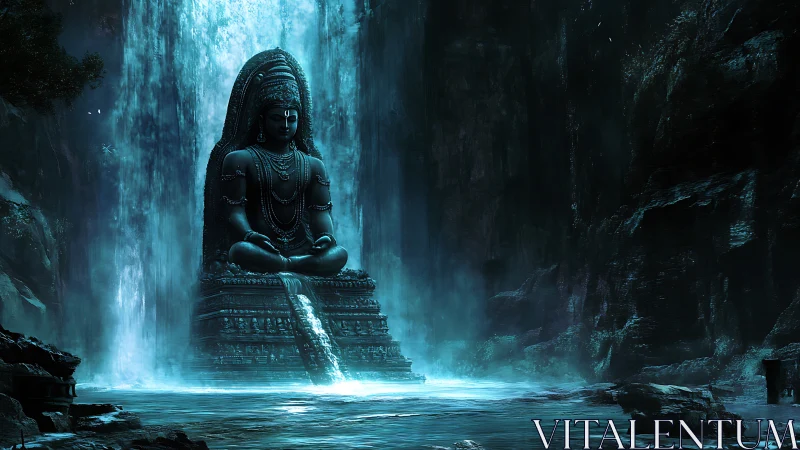 Colossal stone deity beneath luminous cascading falls.