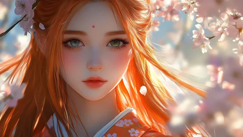Red haired anime girl under cherry blossoms in spring.