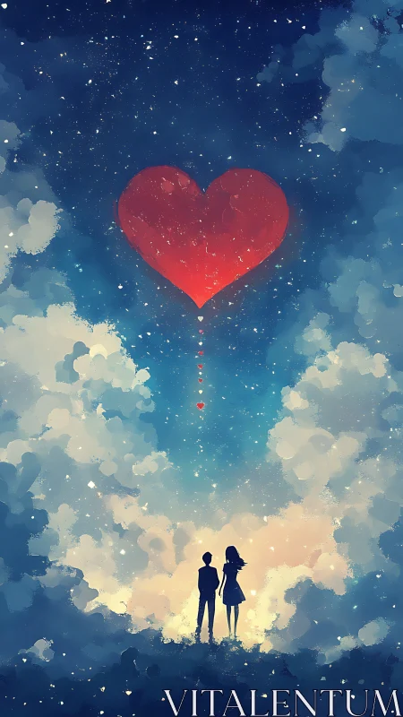 Two souls gazing at a luminous red heart among starlit clouds