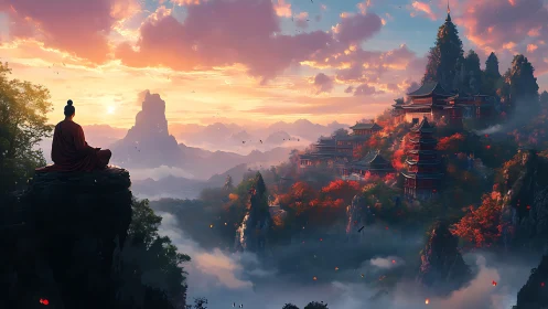 Monk on cliff overlooking tiered mountain temples at dusk.