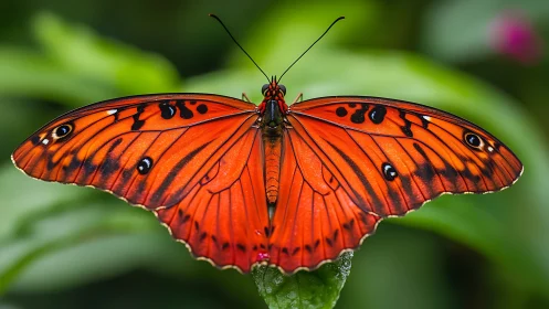 Crimson butterfly stretches luminous wings over soft green hush.