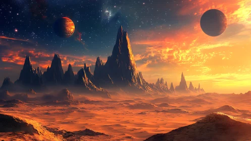 Twin planets above molten-orange alien spire range.