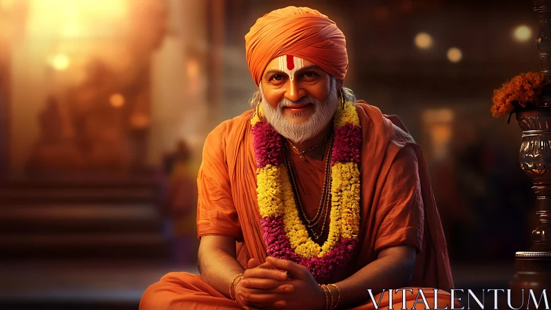 Smiling Hindu guru in warm temple light, floral garlands.