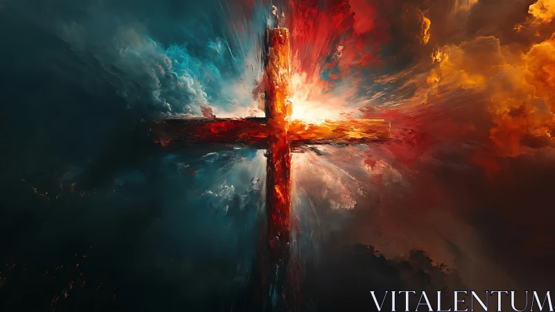 Central cross silhouette divides turbulent abstract color field