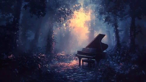 Grand piano glows under ethereal backlight in a misty forest