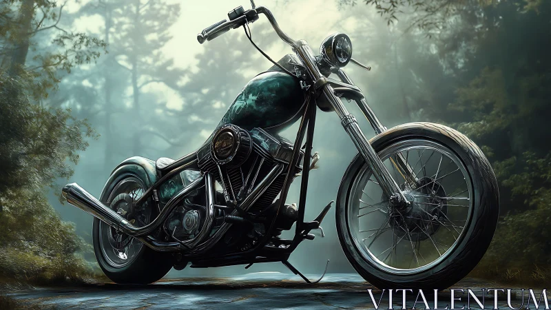 Custom chopper motorcycle stands in misty forest light.