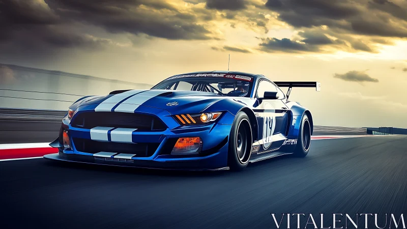Blue GT race car with motion blur on sunset circuit.
