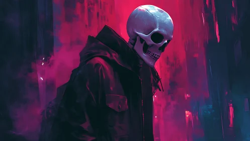 Neon backlit skull figure in hooded jacket amid magenta vapor
