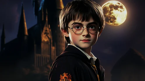 Young wizard under full moon outside gothic castle at night.