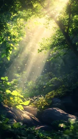 Sunlight penetrates dense forest canopy onto mossy rocks