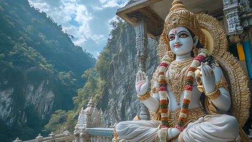 Photorealistic mountain temple with ornate devotional sculpture.