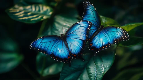 Morpho butterfly triad on wet foliage under diffuse light.