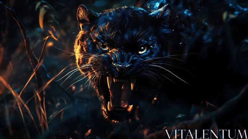 Black Panther Portrait with Golden Luminescence and Dramatic Shadow Contrast