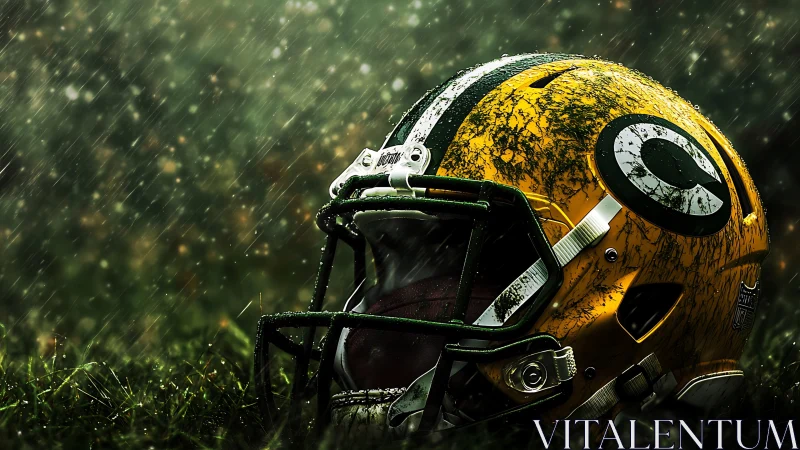 Weather-beaten yellow football helmet rests in pouring rain.