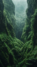 Dense green gorge with steep moss covered rock walls.