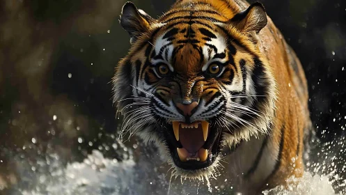 Roaring tiger charges through water in dramatic backlight.