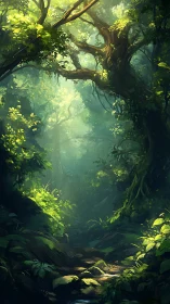 Misty forest path with gnarled trees and dappled light