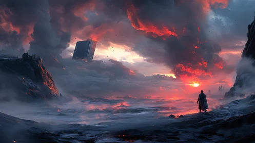 Volcanic shoreline under cubic monolith and supercell sunset.