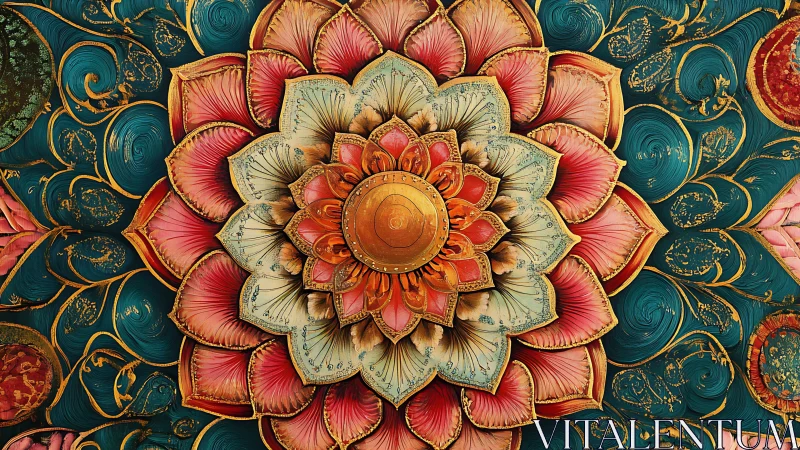 Layered mandala blossom with ornate teal and gold backdrop.