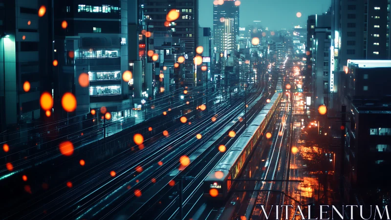 Urban rail corridor extends through illuminated night city