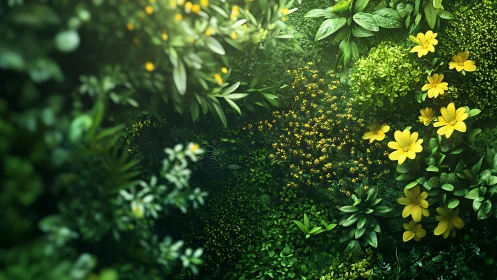 Spring Garden with Yellow Flowers and Layered Foliage.