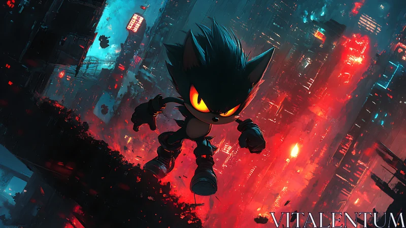 Dark cartoon hedgehog sprinting through neon cyber city