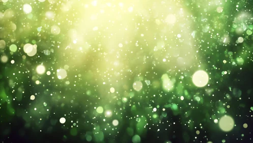 Luminous green bokeh particle field with radial light diffusion.