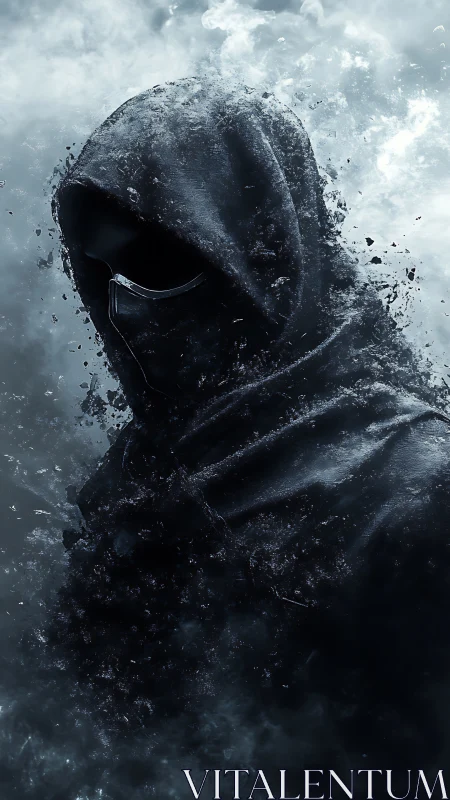 Hooded shadow dissolving into dark smoke and shards.