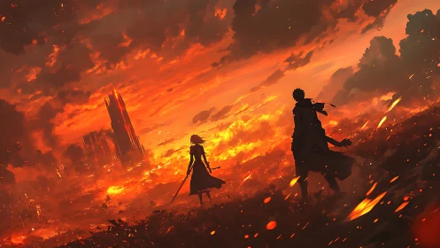 Two figures stand before burning landscape at sunset