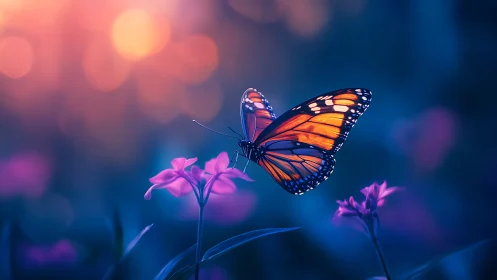 Monarch butterfly in twilight bokeh over magenta blossoms