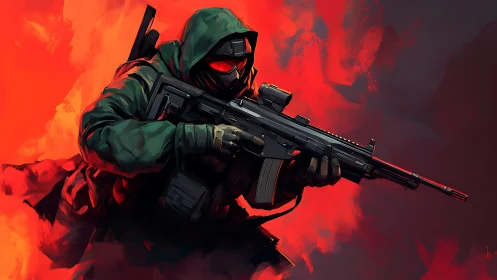 Hooded tactical soldier grips rifle against vivid red smoke