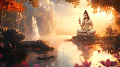 Serene meditating deity statue by river in glowing valley.