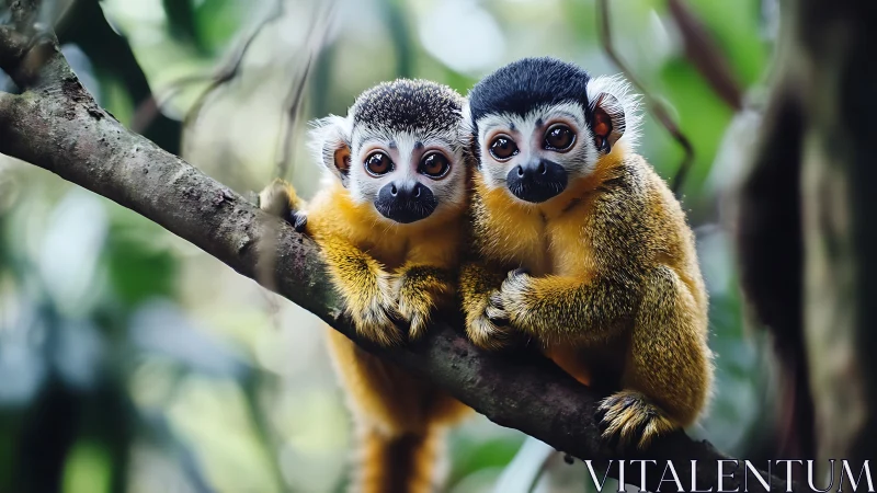 Pair of squirrel monkeys sitting closely on jungle branch.