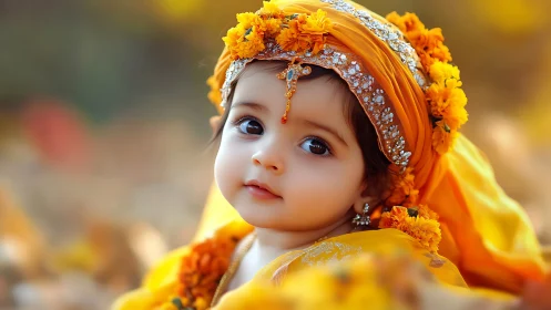 Regal child portrait in marigold turban with jeweled trim.