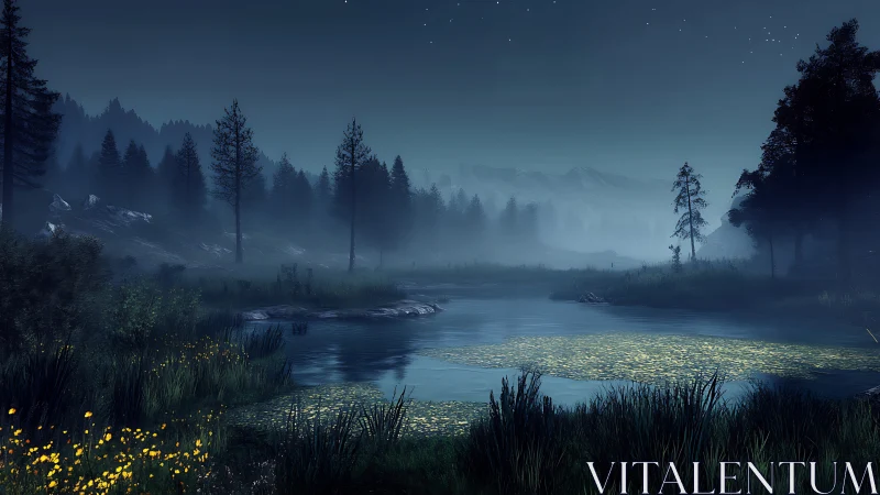 Nighttime forest river landscape is rendered with cool tones