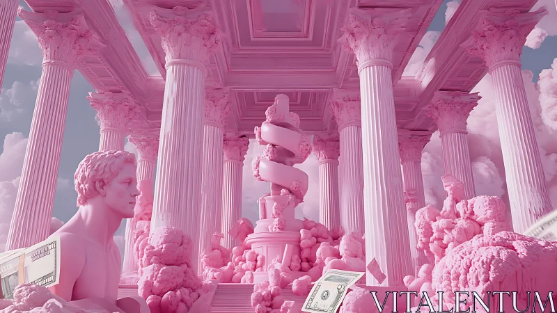 Pink neoclassical temple scene with statues and money