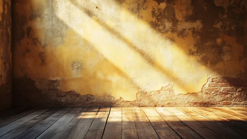 Sunlit textured wall with worn plaster and wood floor.