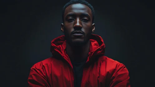 Portrait shows subject in red jacket under controlled lighting