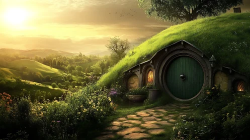 Sunlit hobbit hillside home rests amid rolling green valleys.