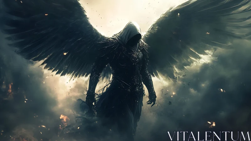 Midnight winged guardian stepping from stormlit shadows.