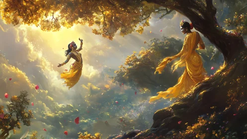 Two robed figures interact under glowing forest canopy